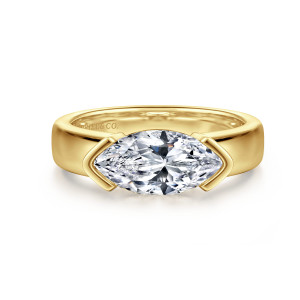 Gabriel & Co. ER16433M6Y4JJJ 14 karat yellow gold Contemporary engagement ring, front view of a marquise center lying sideways with V shaped metal caps at both pointed ends
