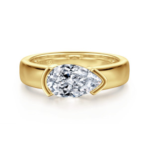 Gabriel & Co. ER16433P6Y4JJJ 14 karat yellow gold Contemporary engagement ring, front view of a pear shaped center lying sideways between two curved end walls