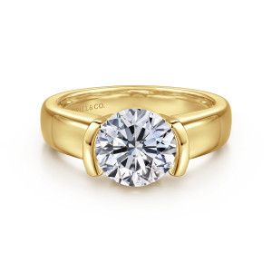 Gabriel & Co. ER16433R6Y4JJJ 14 karat yellow gold Contemporary engagement ring, front view of a round center gripped at its sides by two flat upright bars