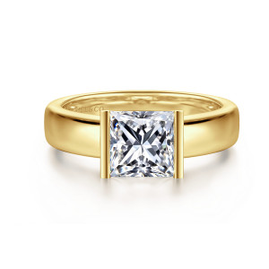 Gabriel & Co. ER16433S6Y4JJJ 14 karat yellow gold Contemporary engagement ring, front view of a princess cut center gripped by two upright bars with edges left open