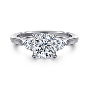 Gabriel & Co. ER16435R6W44JJ 14 karat white gold Lotus engagement ring, front view of a round center with four prongs and a round side stone on each side