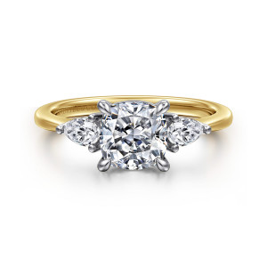Gabriel & Co. ER16437C6M44JJ 14 karat white and yellow gold Classic engagement ring, front view of a cushion center with a pear shaped stone on each side, points outward