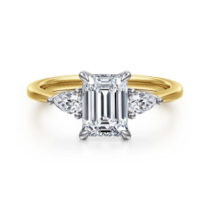 Gabriel & Co. ER16437E6M44JJ 14 karat white and yellow gold Classic engagement ring, front view of the emerald cut center with a pear shaped stone on each side pointing outward