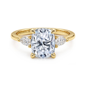 Gabriel & Co. ER16437G10Y44JJ 14 karat yellow gold Classic engagement ring, front view of an elongated cushion center with a pear shaped stone pointing outward on each side