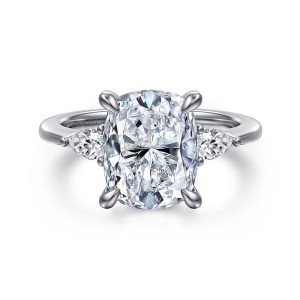 Gabriel & Co. ER16437G16W44JJ 14 karat white gold Classic engagement ring, front view of a long cushion center between pear shaped stones with their points aimed outward