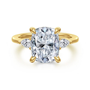Gabriel & Co. ER16437G16Y44JJ 14 karat yellow gold Classic engagement ring, front view of four tapered prongs and pear stones flanking the elongated center