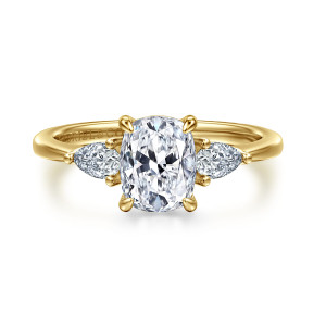 Gabriel & Co. ER16437G6Y44JJ 14 karat yellow gold Classic engagement ring, front view of an elongated center between two pear shaped diamonds pointing outward