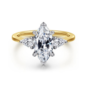 Gabriel & Co. ER16437M6M44JJ 14 karat white and yellow gold Classic engagement ring, front view of a marquise center in six prongs with pear shaped stones pointing outward
