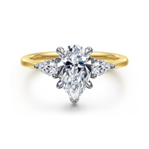Gabriel & Co. ER16437P6M44JJ 14 karat white and yellow gold Classic engagement ring, front view of a pear shaped center with a V tip between pear shaped side diamonds