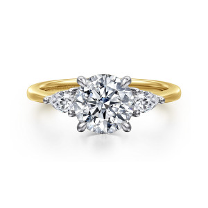 Gabriel & Co. ER16437R6M44JJ 14 karat white and yellow gold Classic engagement ring, front view of a round center with pear shaped side stones pointing out toward the shoulders