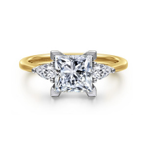 Gabriel & Co. ER16437S6M44JJ 14 karat white and yellow gold Classic engagement ring, front view of the square center flanked by pear shaped stones pointing out toward the shoulders