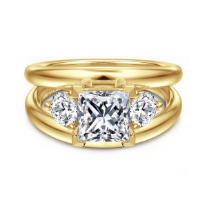 Gabriel & Co. ER16444S6Y44JJ 14 karat yellow gold Contemporary engagement ring, front view of a princess cut center between round side stones on a wide split band