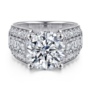 Gabriel & Co. ER16445R20W44JJ 14 karat white gold Contemporary engagement ring, front view of a round center in four ball tipped prongs between two panels of baguettes