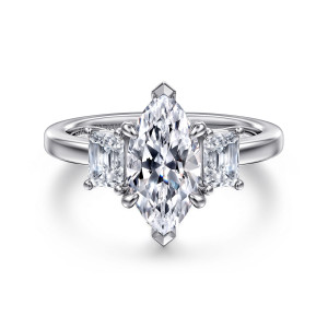 Gabriel & Co. ER16463M6W43JJ 14 karat white gold Classic engagement ring, front view of a marquise center with pointed prong caps between two step cut diamonds