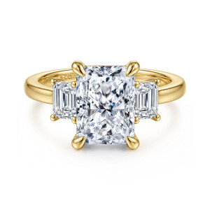Gabriel & Co. ER16463N12Y43JJ 14 karat yellow gold Classic engagement ring, front view of a clipped corner center with a rectangular step cut stone on each side