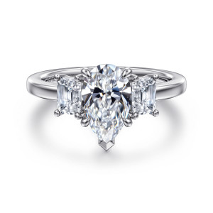 Gabriel & Co. ER16463P6W43JJ 14 karat white gold Classic engagement ring, front view of a pear shaped center with a pointed tip between two step cut diamonds