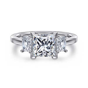 Gabriel & Co. ER16463S6W43JJ 14 karat white gold Classic engagement ring, front view of a princess cut center in corner claws between two step cut stones