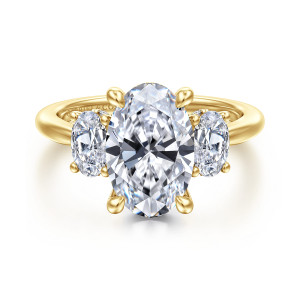 Gabriel & Co. ER16465O12Y44JJ 14 karat yellow gold Classic engagement ring, front view of a tall oval center between an oval side stone on each side