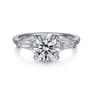 Gabriel & Co. ER16468R8W43JJ 14 karat white gold Classic engagement ring, front view of a round center, tapered baguette side stones held by small bars at their outer ends
