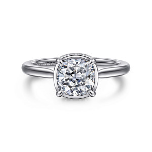 Gabriel & Co. ER16470C6W44JJ 14 karat white gold Contemporary engagement ring, front view of a cushion center in four prongs with only a thin plain rim showing around it