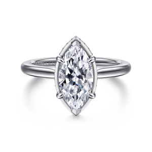 Gabriel & Co. ER16470M6W44JJ 14 karat white gold Contemporary engagement ring, front view of a marquise center inside a thin rim with small stones just visible at its edge
