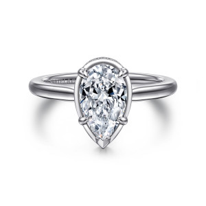 Gabriel & Co. ER16470P6W44JJ 14 karat white gold Contemporary engagement ring, front view of a pear shaped center inside a smooth plain rim with a pointed tip prong