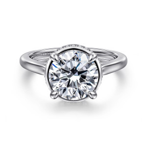 Gabriel & Co. ER16470R10W44JJ 14 karat white gold Contemporary engagement ring, front view of a round center in four claws with a thin beaded edge below it