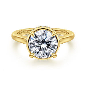 Gabriel & Co. ER16470R10Y44JJ 14 karat yellow gold Contemporary engagement ring, front view of the round center in four rounded prongs with tiny stones edging behind it