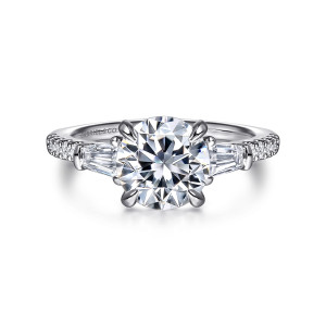 Gabriel & Co. ER16471R6W44JJ 14 karat white gold Contemporary engagement ring, front view of a round center with a baguette on each side and small diamonds on the band