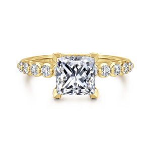 Gabriel & Co. ER16472S6Y44JJ 14 karat yellow gold Contemporary engagement ring, front view of blocky corner prongs and cupped round diamonds on both shoulders