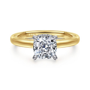 Gabriel & Co. ER16476C6M44JJ 14 karat white and yellow gold Classic engagement ring, front view of a cushion cut center with rounded prongs and a beaded edge inside the band
