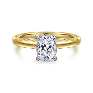 Gabriel & Co. ER16476G6M44JJ 14 karat white and yellow gold Classic engagement ring, front view of a four prong head over a plain polished band with beaded inner edges