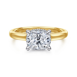 Gabriel & Co. ER16476G8M44JJ 14 karat white and yellow gold Classic engagement ring, front view of a sideways elongated cushion center in four prongs above a plain polished band