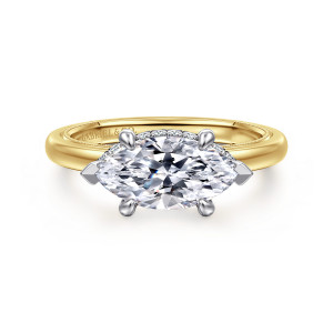 Gabriel & Co. ER16476M6M44JJ 14 karat white and yellow gold Classic engagement ring, front view of a sideways marquise center with pointed end prongs on a warmer band