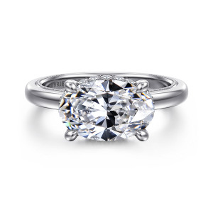 Gabriel & Co. ER16476O12W44JJ 14 karat white gold Classic engagement ring, front view of an oval center lying sideways in four rounded prongs on a smooth polished band