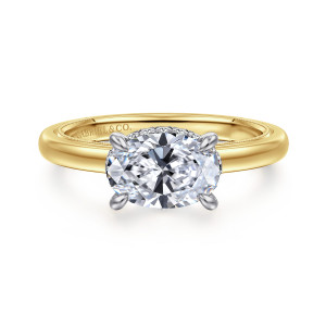 Gabriel & Co. ER16476O6M44JJ 14 karat white and yellow gold Classic engagement ring, front view of an oval center set sideways in four tapered prongs on a plain polished band