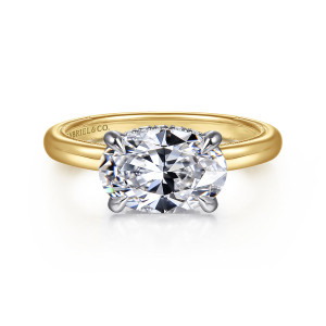 Gabriel & Co. ER16476O8M44JJ 14 karat white and yellow gold Classic engagement ring, front view of an oval center set sideways in four prongs on a smooth band
