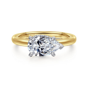 Gabriel & Co. ER16476P6M44JJ 14 karat white and yellow gold Classic engagement ring, front view of a pear shaped center lying crosswise with its point capped by a V shaped tip