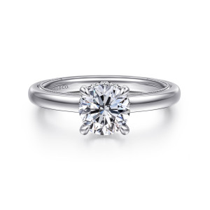 Gabriel & Co. ER16476R4W44JJ 14 karat white gold Classic engagement ring, front view of a round center in rounded prongs on a smooth domed band