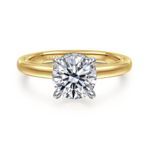 Gabriel & Co. ER16476R6M44JJ 14 karat white and yellow gold Classic engagement ring, front view of a round center in four prongs on a domed band edged with fine beading