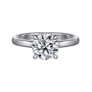 Gabriel & Co. ER16476R8W44JJ 14 karat white gold Classic engagement ring, front view of a round center in claw prongs on a smooth domed band with beaded inner edges