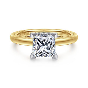 Gabriel & Co. ER16476S6M44JJ 14 karat white and yellow gold Classic engagement ring, front view of the square center held at its corners by angular prongs above a smooth rounded band