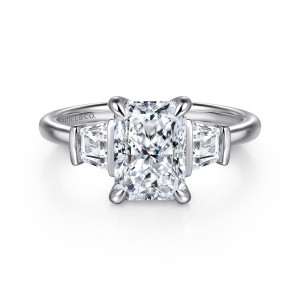 Gabriel & Co. ER16477N8W44JJ 14 karat white gold Classic engagement ring, front view of a radiant cut center between tapered trapezoid stones with a bar at each end