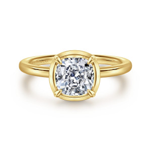 Gabriel & Co. ER16483C6Y4JJJ 14 karat yellow gold Contemporary engagement ring, front view of a cushion cut center in slim prongs within a rounded square rim