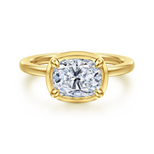 Gabriel & Co. ER16483G8Y4JJJ 14 karat yellow gold Contemporary engagement ring, front view of a sideways cushion center held at the corners with a flat frame beneath