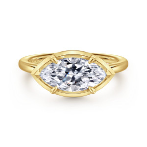 Gabriel & Co. ER16483M6Y4JJJ 14 karat yellow gold Contemporary engagement ring, front view of a sideways marquise center inside a pointed frame with four teardrop tipped prongs