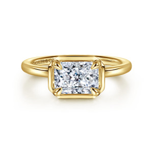 Gabriel & Co. ER16483N6Y4JJJ 14 karat yellow gold Contemporary engagement ring, front view of a sideways rectangular center inside a squared frame with clipped corners