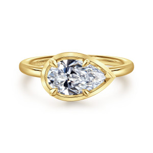 Gabriel & Co. ER16483P6Y4JJJ 14 karat yellow gold Contemporary engagement ring, front view of a pear shaped center lying sideways in a flat pear shaped metal frame