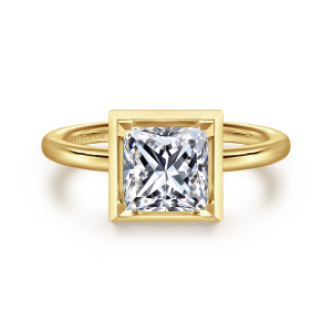 Gabriel & Co. ER16483S6Y4JJJ 14 karat yellow gold Contemporary engagement ring, front view of a princess cut center inside a flat square frame with corner prongs