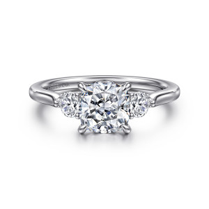 Gabriel & Co. ER16484C6W44JJ 14 karat white gold Lotus engagement ring, front view of a cushion center with a round stone on each side and four claw prongs